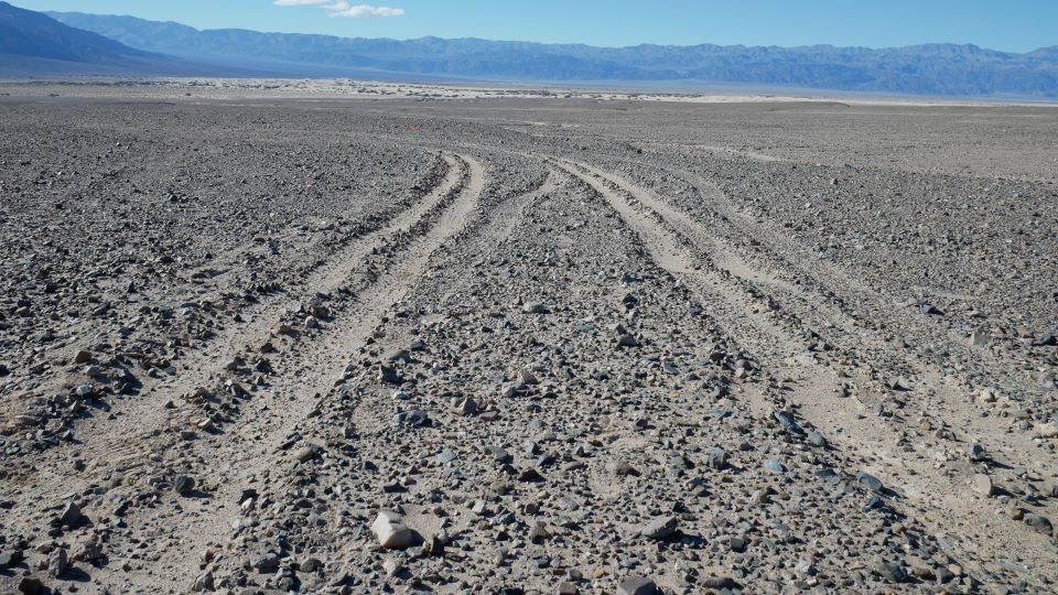 Two tire tracks leave indents in desert pavement