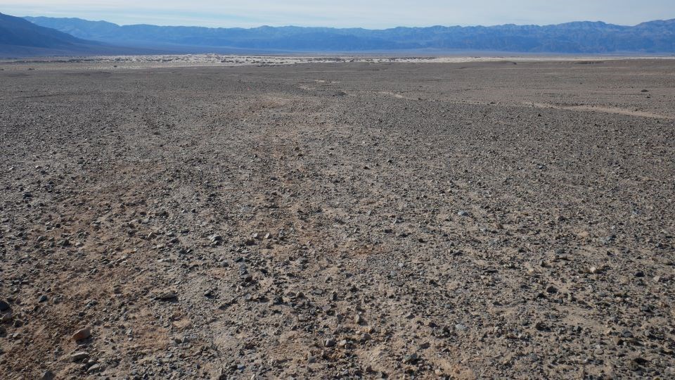 Two tire tracks leave indents in desert pavement