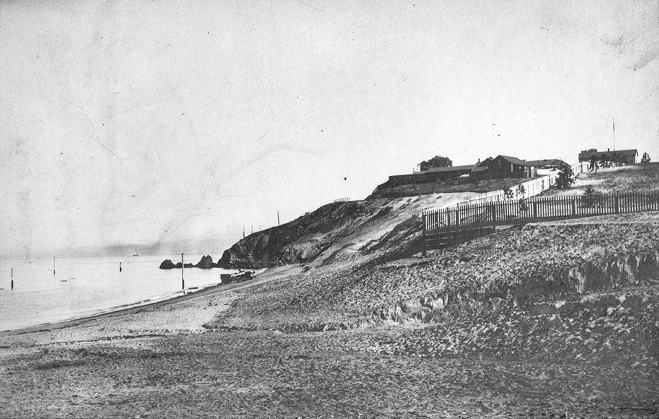 Photo of Fort Mason before the construction of piers, c. 1880s