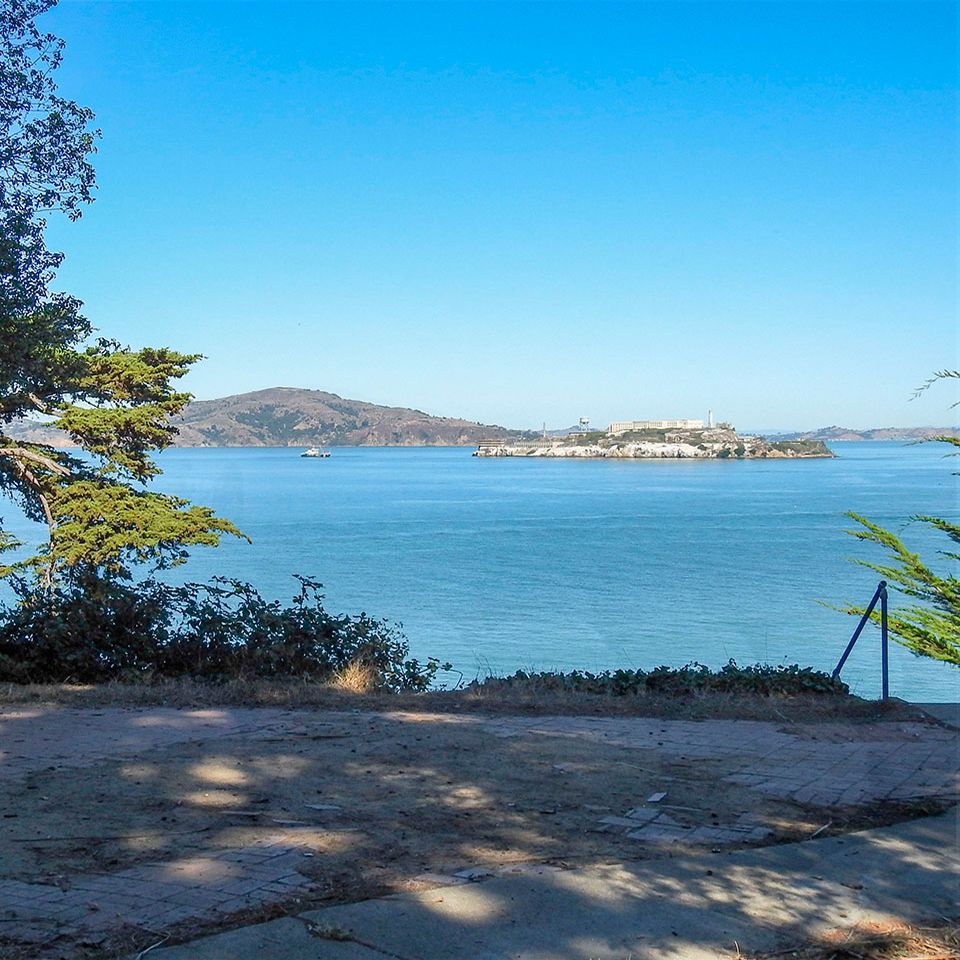 Photo of Alcatraz over Cannonballs at Fort Mason 1869