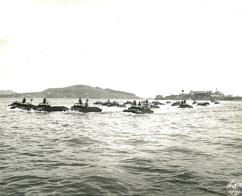 Photo of DUKWs in San Francisco Bay 1945