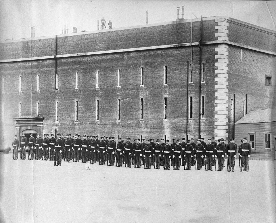 Photo of Fort Point troops at attention c1900