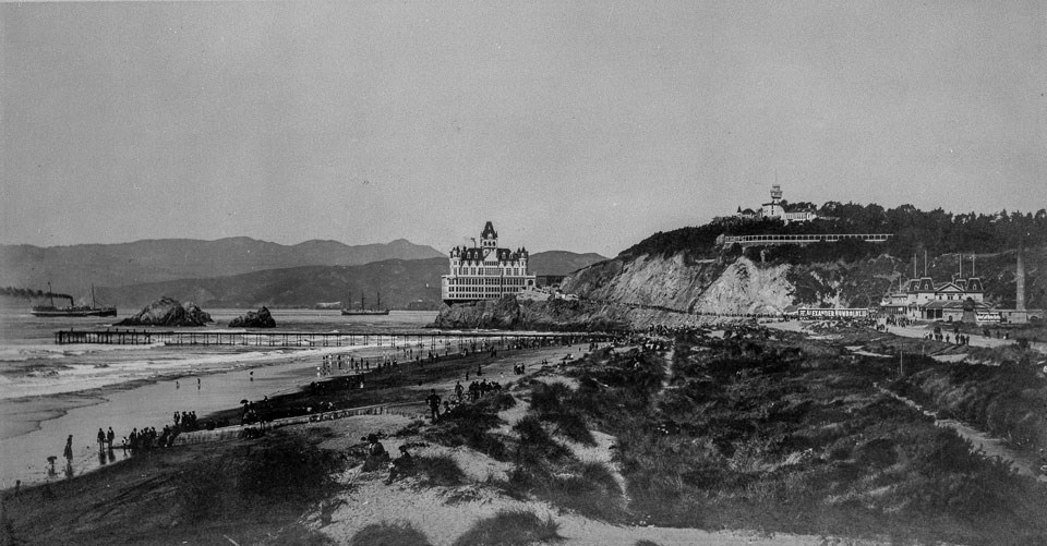 Photo of Ocean Beach, Seal Rocks, adn the Cliff House in 1896