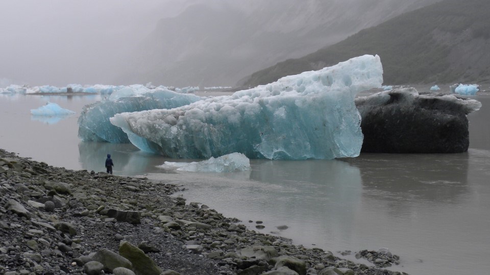 Icebergs the size of buildings float in muddy water past a person