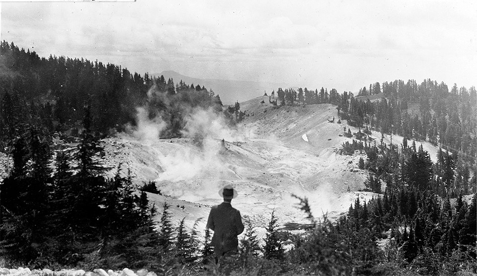 A man in a fitted jacket and a rimmed hat stands amid small conifer trees and overlooks a barren basin with steaming rising from ground and pools.