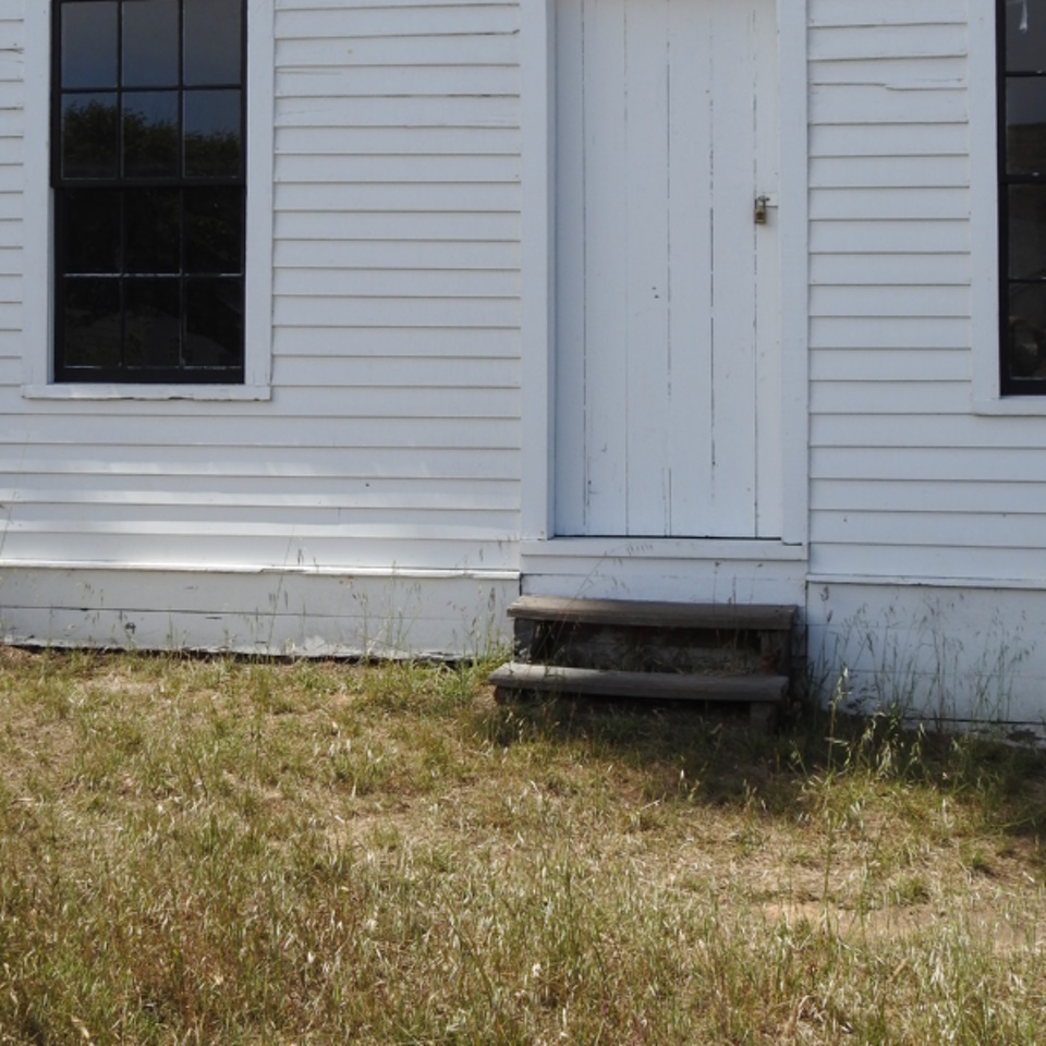 A black and white photo of a teen-aged boy holding an American flag while standing in a doorway of a white building as a line of children salute the flag. children, a flag, and school house.