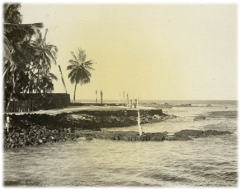 A historic photograph of the restored heiau platform before the reconstruction of the hale circa the late 1960s.