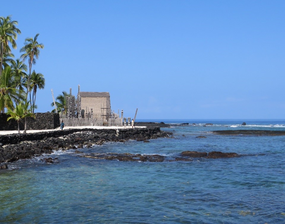 A historic photograph of the restored heiau platform before the reconstruction of the hale circa the late 1960s.