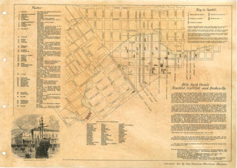 Color aerial view drawn map showing the historic water line and locations of ships buried during the development of San   Francisco with current, 2017 buildings