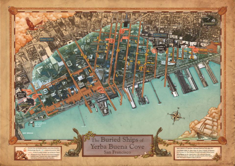 Color aerial view drawn map showing the historic water line and locations of ships buried during the development of San   Francisco with current, 2017 buildings