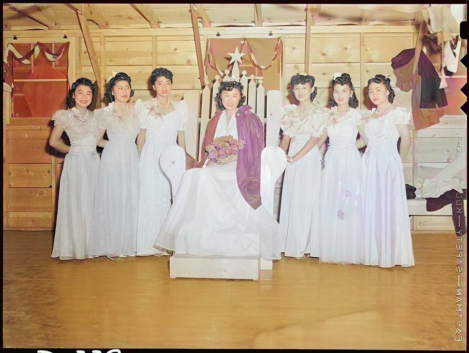 Tule Lake Relocation Center, Newell, California. The Labor Day queen and her attendants are shown at the coronation ceremony which was a part of the celebration at this relocation center