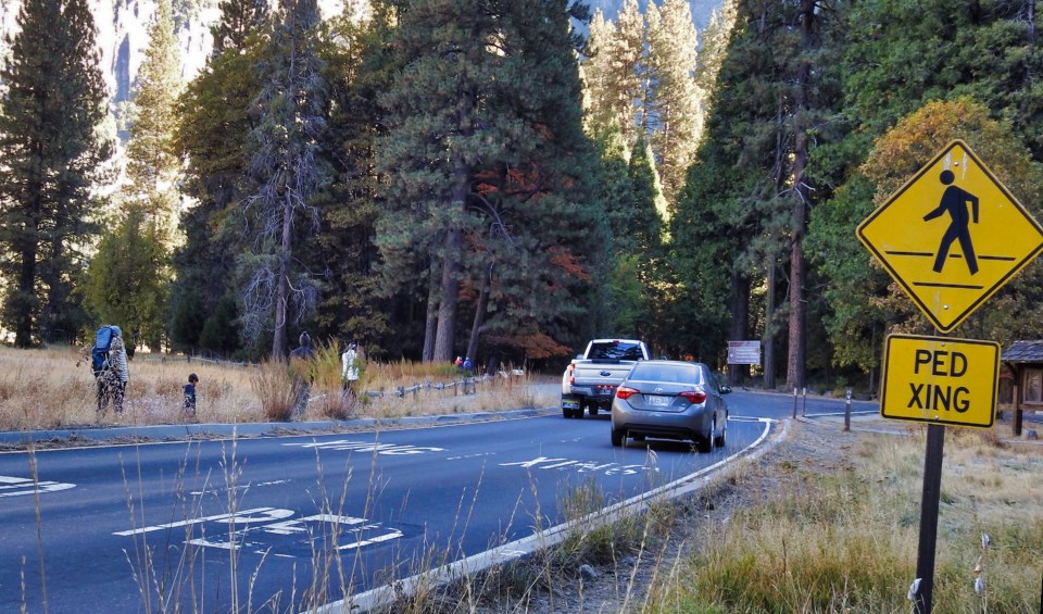 A road with a man walking, old cars parked, and a building with trees in the background.