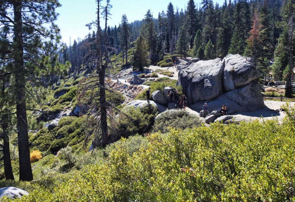 A building on a slope surrounded by trees and boulders.