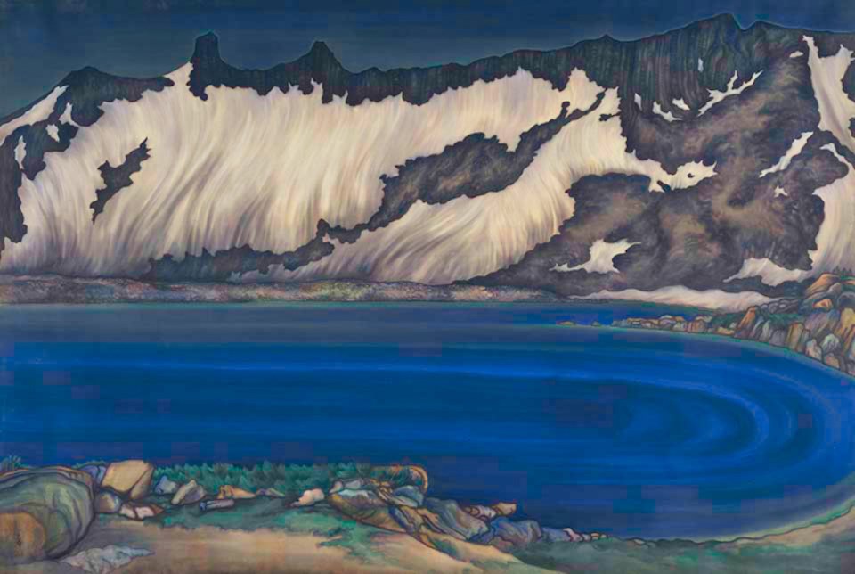 Color painting of lake with mountain ridge behind.