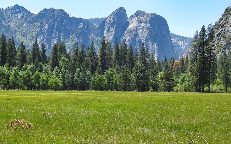A bi-plane rests in a meadow with cliffs in the background.