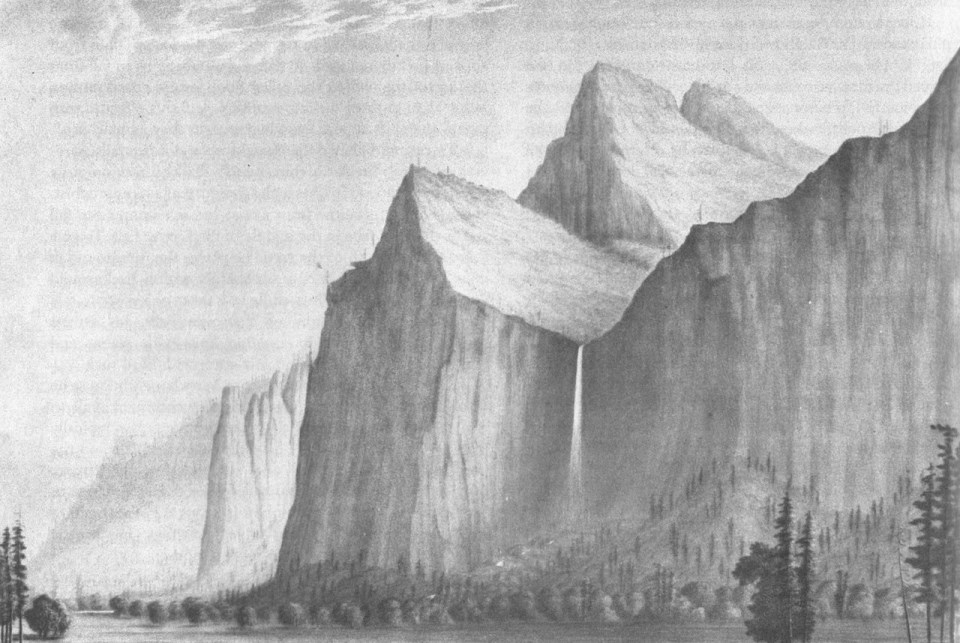 Sketch of cliffs and waterfall.