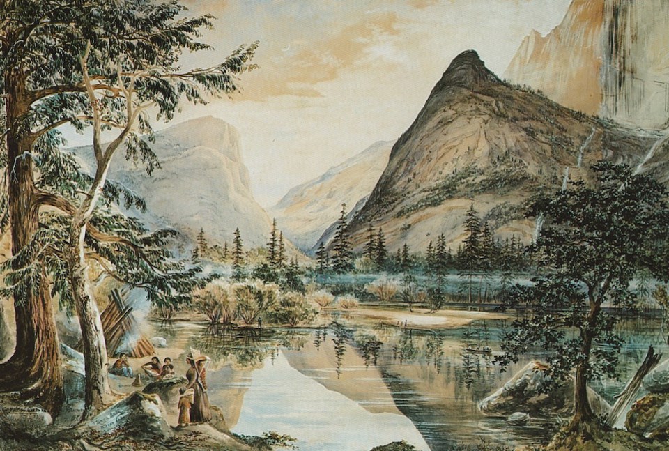 Painting of a lake, with people on the shore, and cliffs in background.