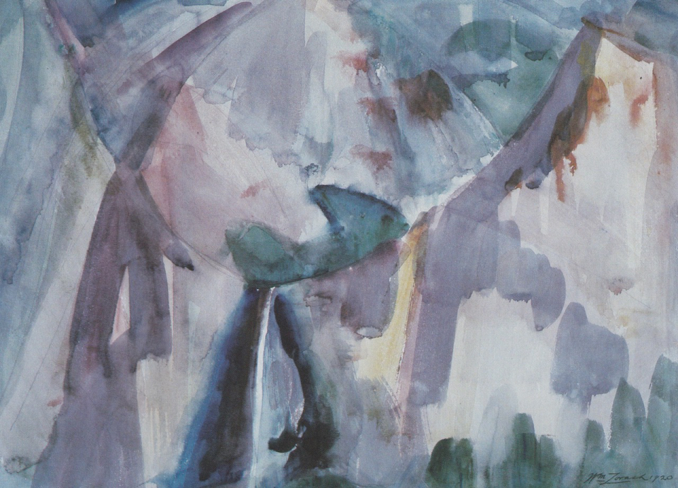 Watercolor painting of cliffs and waterfall.