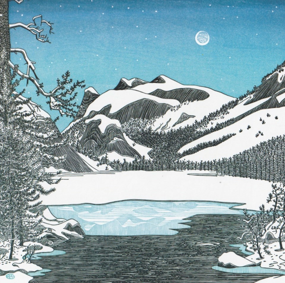 Painting of a partially snow-covered lake with mountains and a rising moon in the background