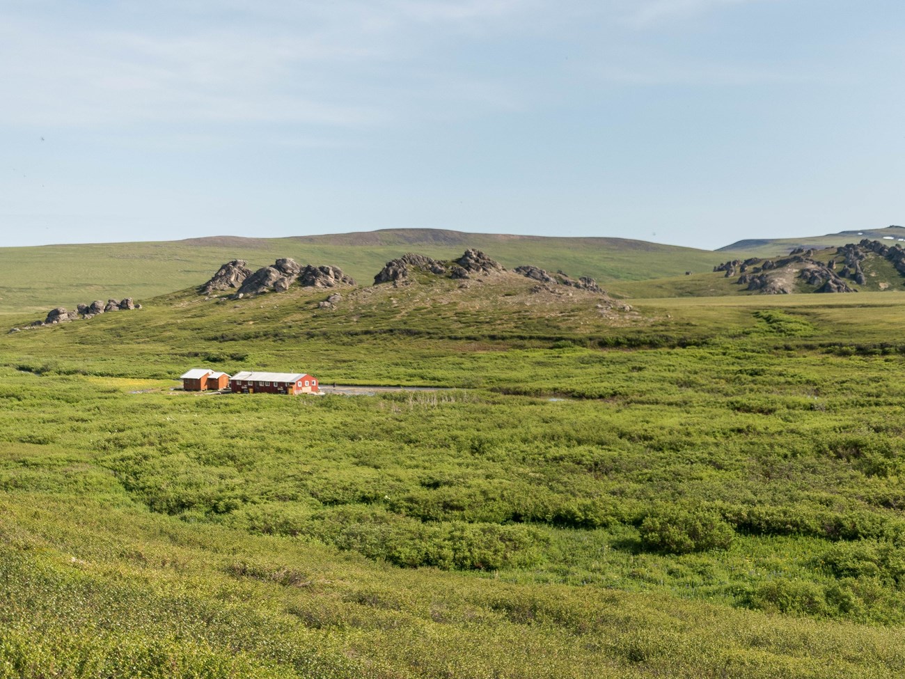 A stand of cottonwood trees next to two reddish buildings. Large granite tors rise in the background.
