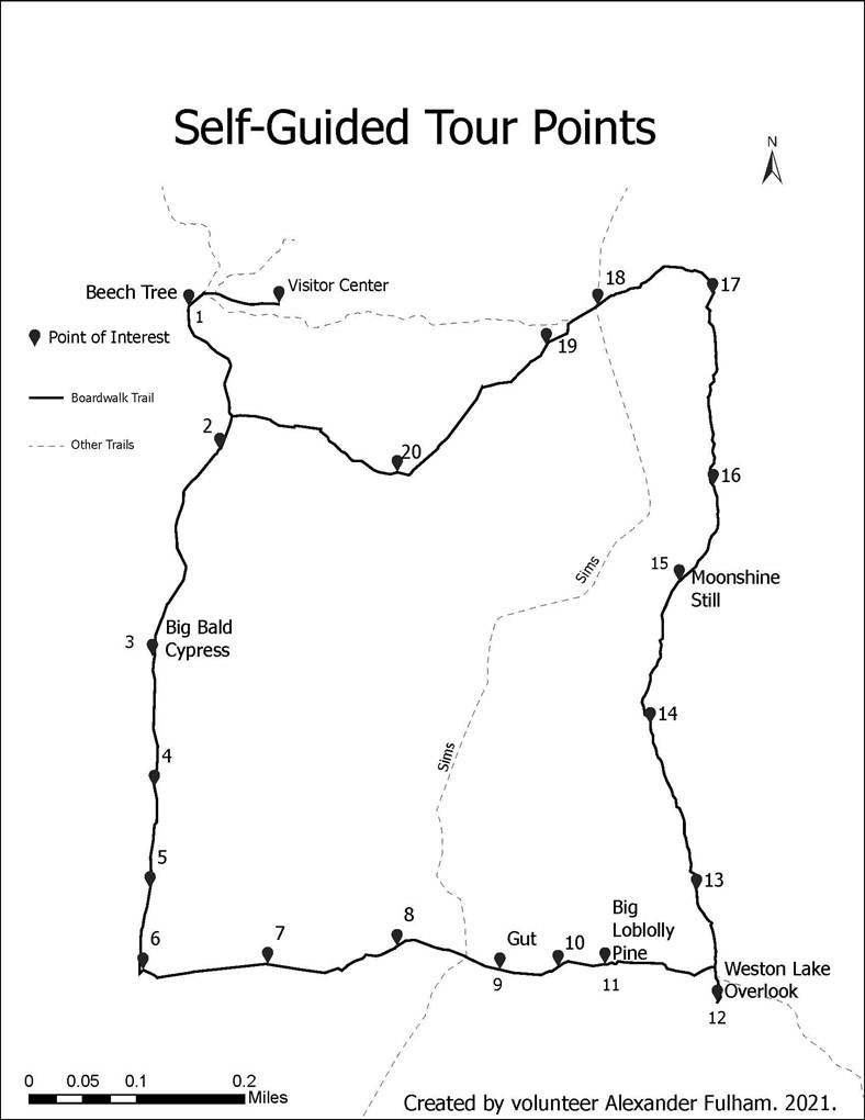 Map identifying locations of stops on Boardwalk Tour