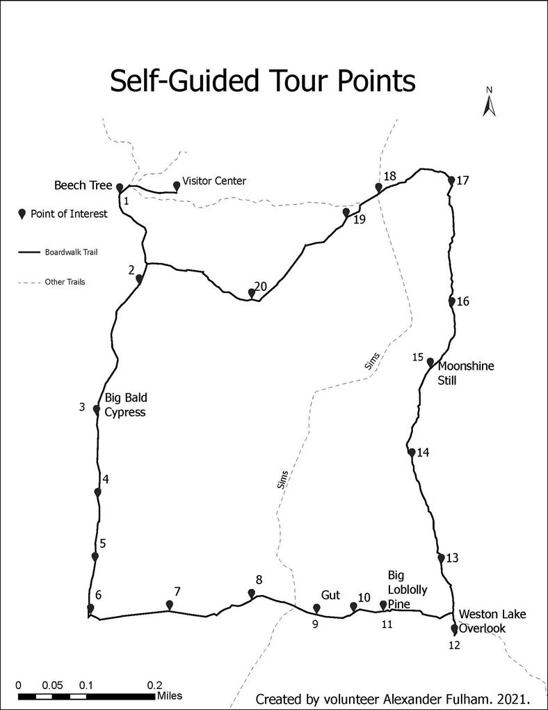 Map identifying locations of stops on Boardwalk Tour