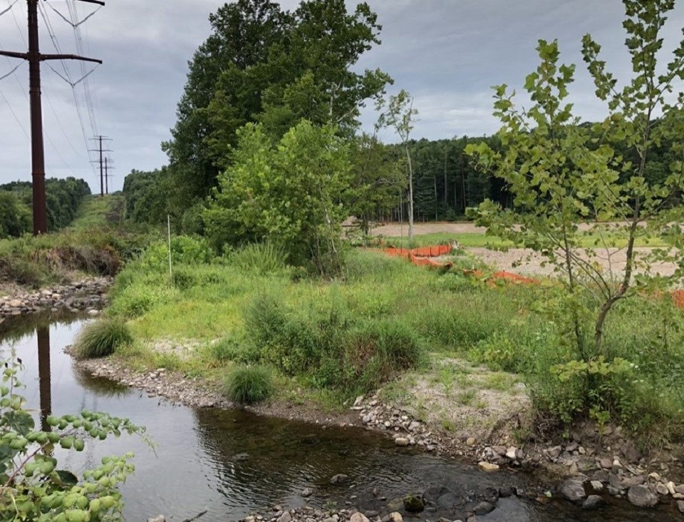 A stream with a crumbling concrete dam in the foreground. The background shows power lines and trees with green, red, and yellow leaves.