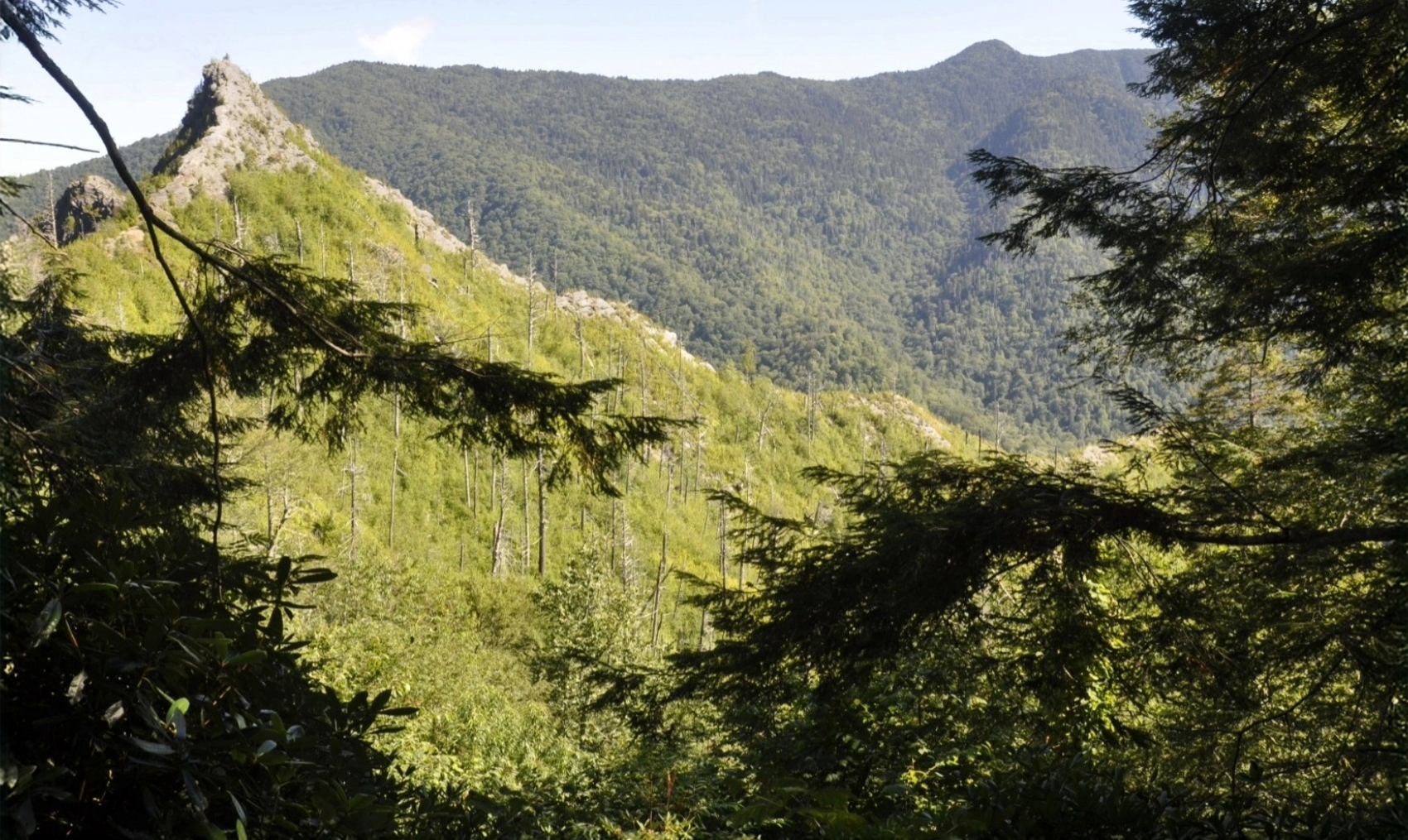 A recently burned towering mountain peak. Green mountains appear in the cloudy background.