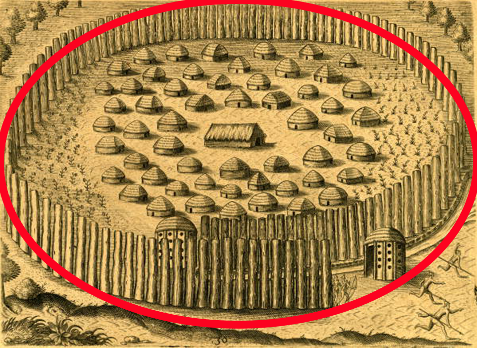 engraving shows town surrounded by poles forming a wall