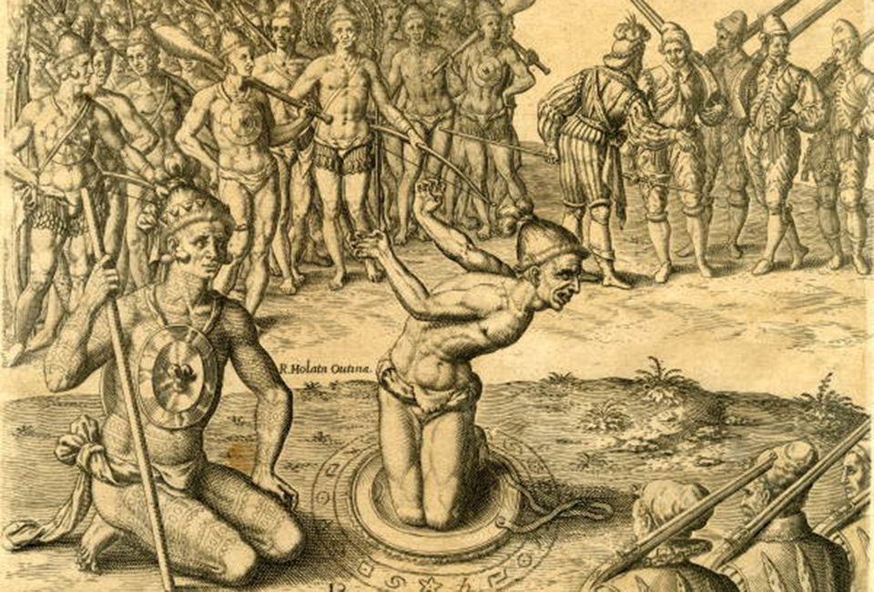 engraving with french and Timucua people 2 men in central focus