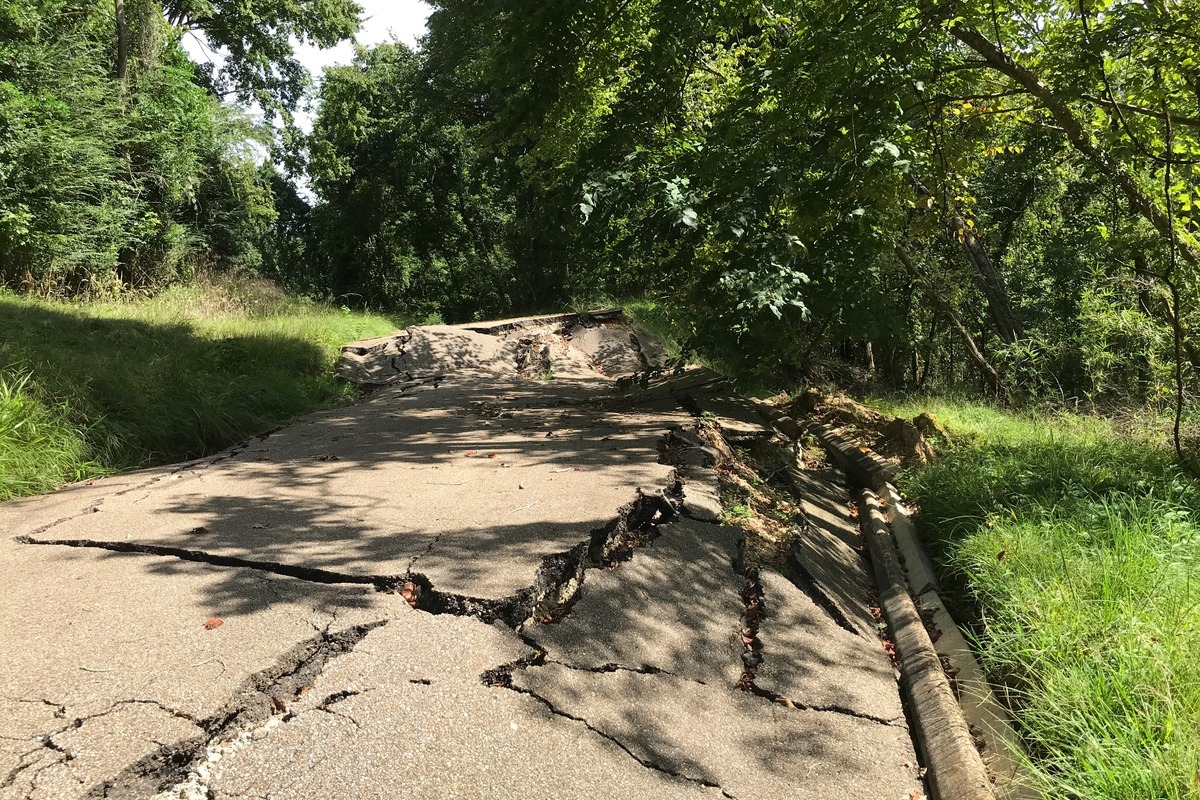 North Union Avenue before repairs, showing severely cracked, buckled, and collapsed pavement along a wooded section of the roadway.