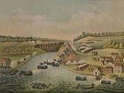 Painting of men blue uniforms crossing river in boats to fight battle with men in red uniforms.