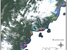 map of a coastline with numerous dots near the shore