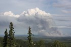 a forested landscape with a huge plume of smoke rising from a fire