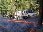 Firefighters stand near a wildland fire engine along a fireline.