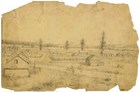 Sketch of houses and fort in background.