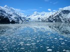 ice floating on inlet with tidewater glacier in distance