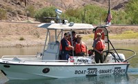 US Coast Guard Auxiliary group wearing US Coast Guard approved life jackets in NPS boat.