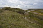 A researcher stands on the Arctic coastal tundra.
