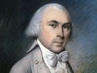 Color portrait of James Madison, showing a man with white hair wearing a gray suit.