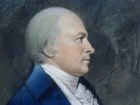 Detail, color pastel portrait of Jeremiah Wadsworth showing a man with white hair in a blue coat.