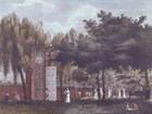 Color print of the State House yard showing people strolling near a brick wall.