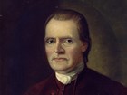 Color head-and-shoulders portrait of Roger Sherman, showing a man with brown hair in colonial garb.
