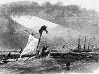 Historic engraving of enslaved people escaping in a small skiff across a body of water.