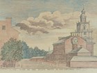 Color illustration of a two story brick building with steeple.