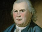 Detail, color portrait of Robert Morris showing a man with white hair in a blue suit.