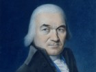 Detail, color portrait of Oliver Ellsworth, showing a man with white hair in a blue coat.