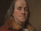Detail, color portrait of Benjamin Franklin showing an older man with a receding hair line.