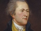 Detail, color portrait of Alexander Hamilton showing his face.