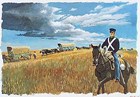 Soldier on horseback riding close to  several covered wagons